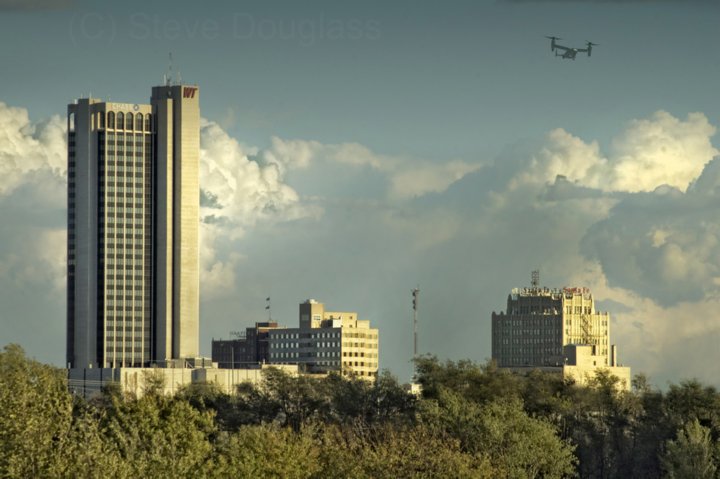 Amarillo skyline with locally-built Bell-Boeing V22 Osprey